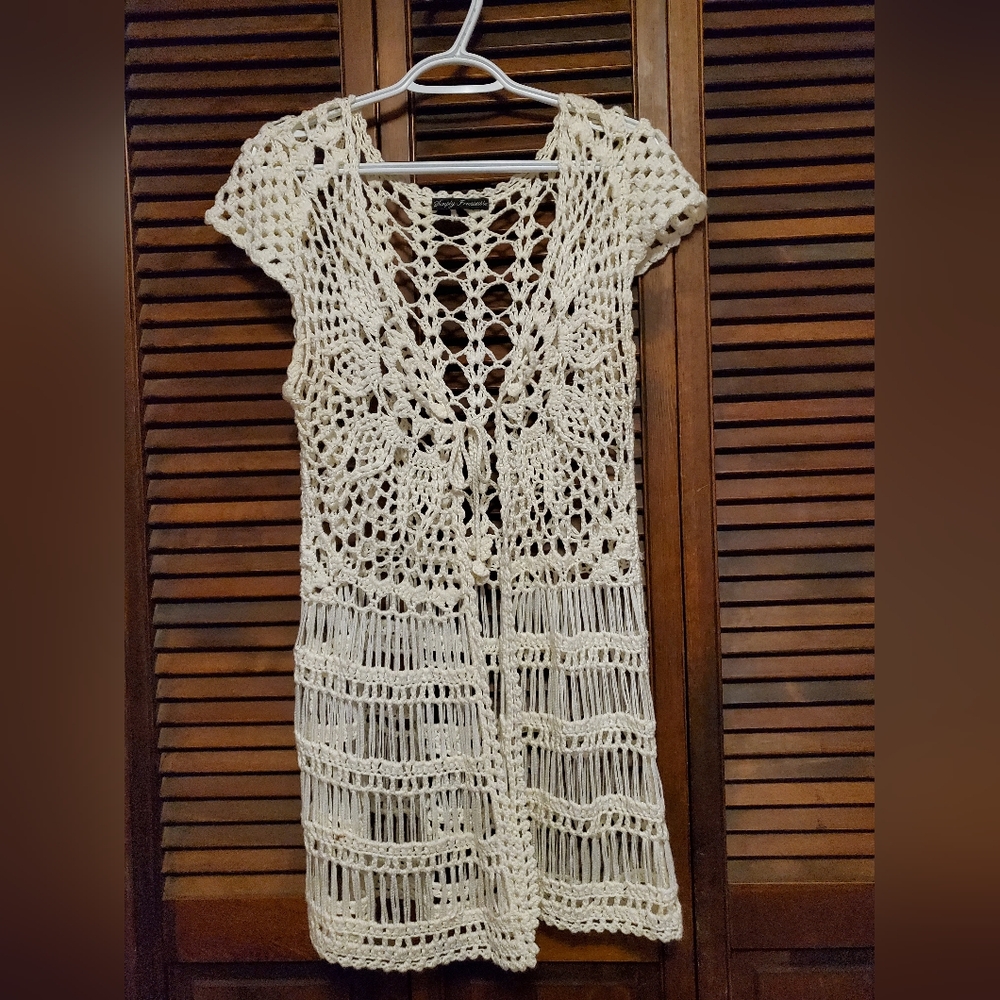 Simply Irresistible Knit Cover Up Duster Knit Vest Cardigan Large Tie White